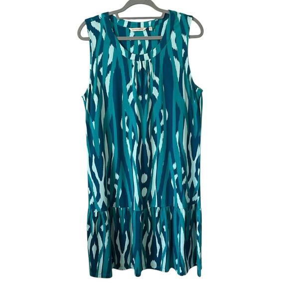 Soft Surroundings Midi Dress Sz L Pullover Shift Ruffled Cotton Modal Green Blue - Picture 1 of 8